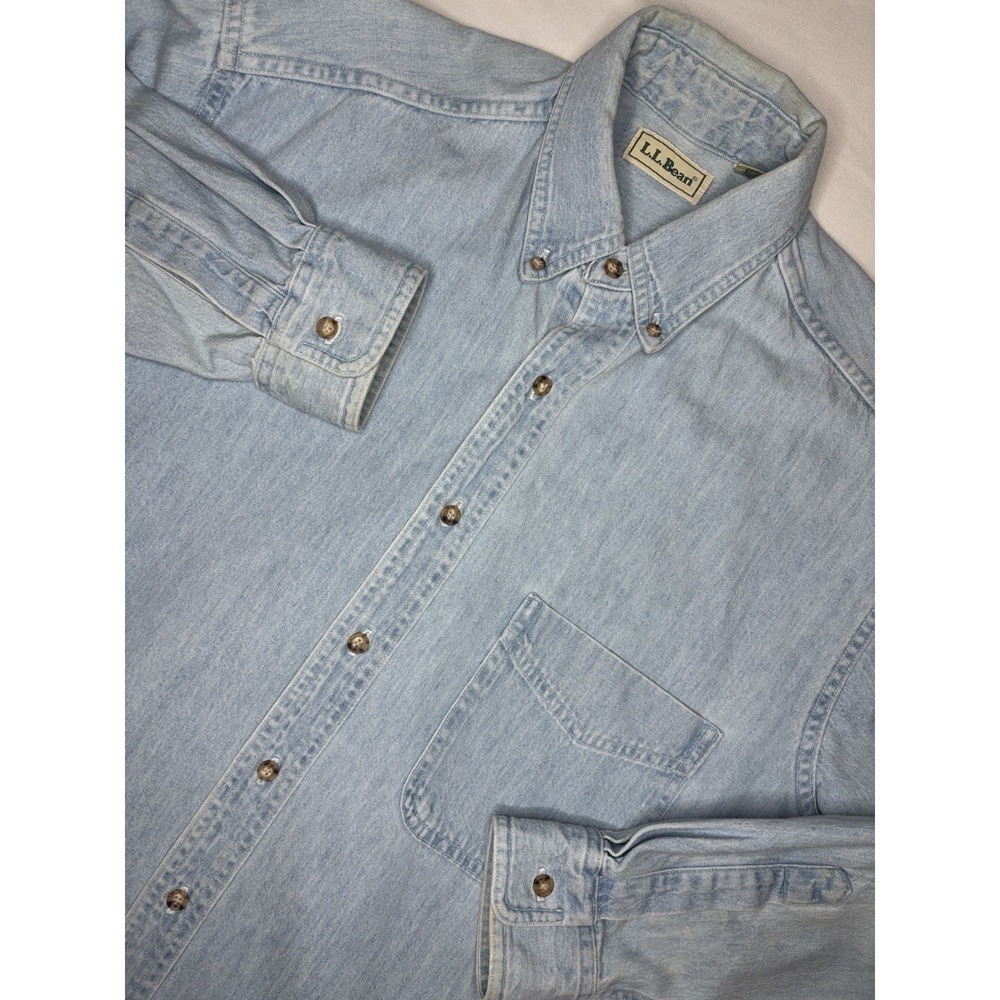 Vintage L.L. Bean Blue Denim Jean Long Sleeve Button Down Shirt Medium Tall